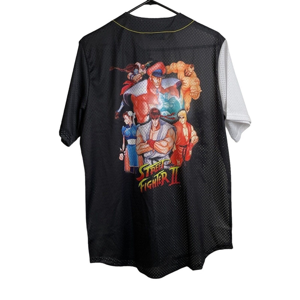 Street Fighter II Baseball Jersey Medium Mens Black White Button Up Capcom Poly